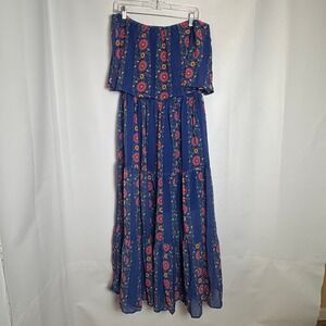 NWT Merigold Kiss Womens Blue Floral Off Shoulder Tiered Maxi Dress Size Medium